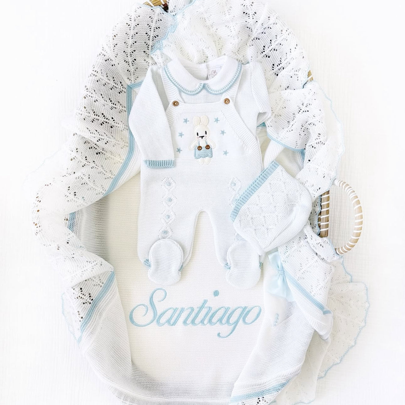 Sweet Bunny Outfit + Blanket Set (White/Light Blue)
